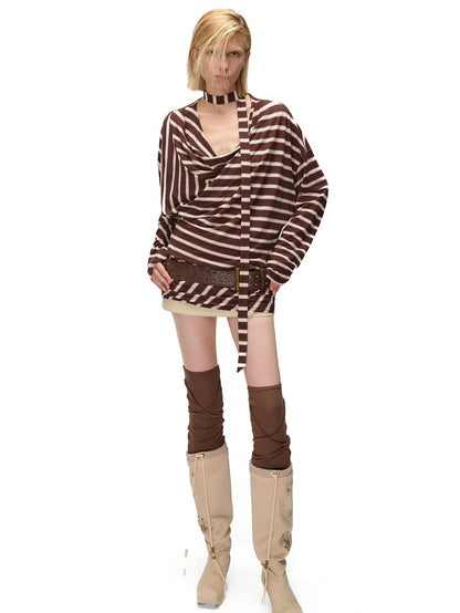 NORTH NODE Retro Irregular Stripe Boat Neck Women&
