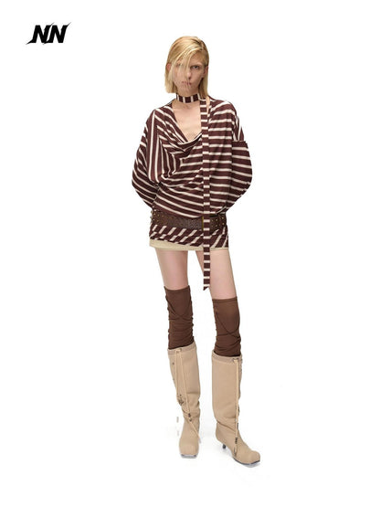 NORTH NODE Retro Irregular Stripe Boat Neck Women&