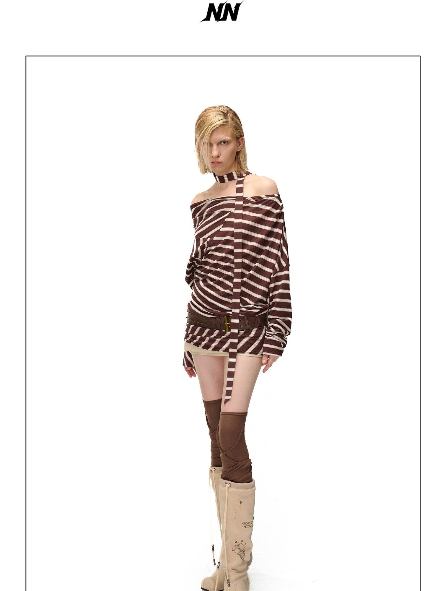 NORTH NODE Retro Irregular Stripe Boat Neck Women&