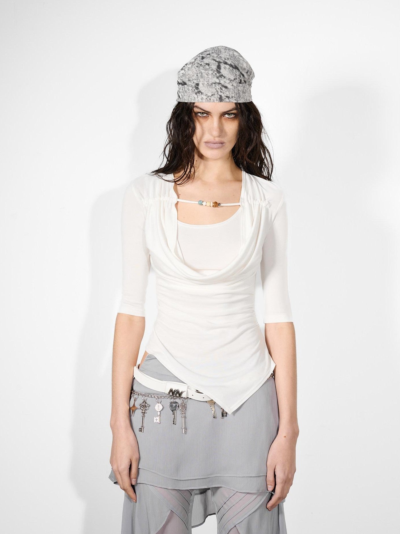 NORTH NODE Ripple Beaded U Neck Pleated Women&