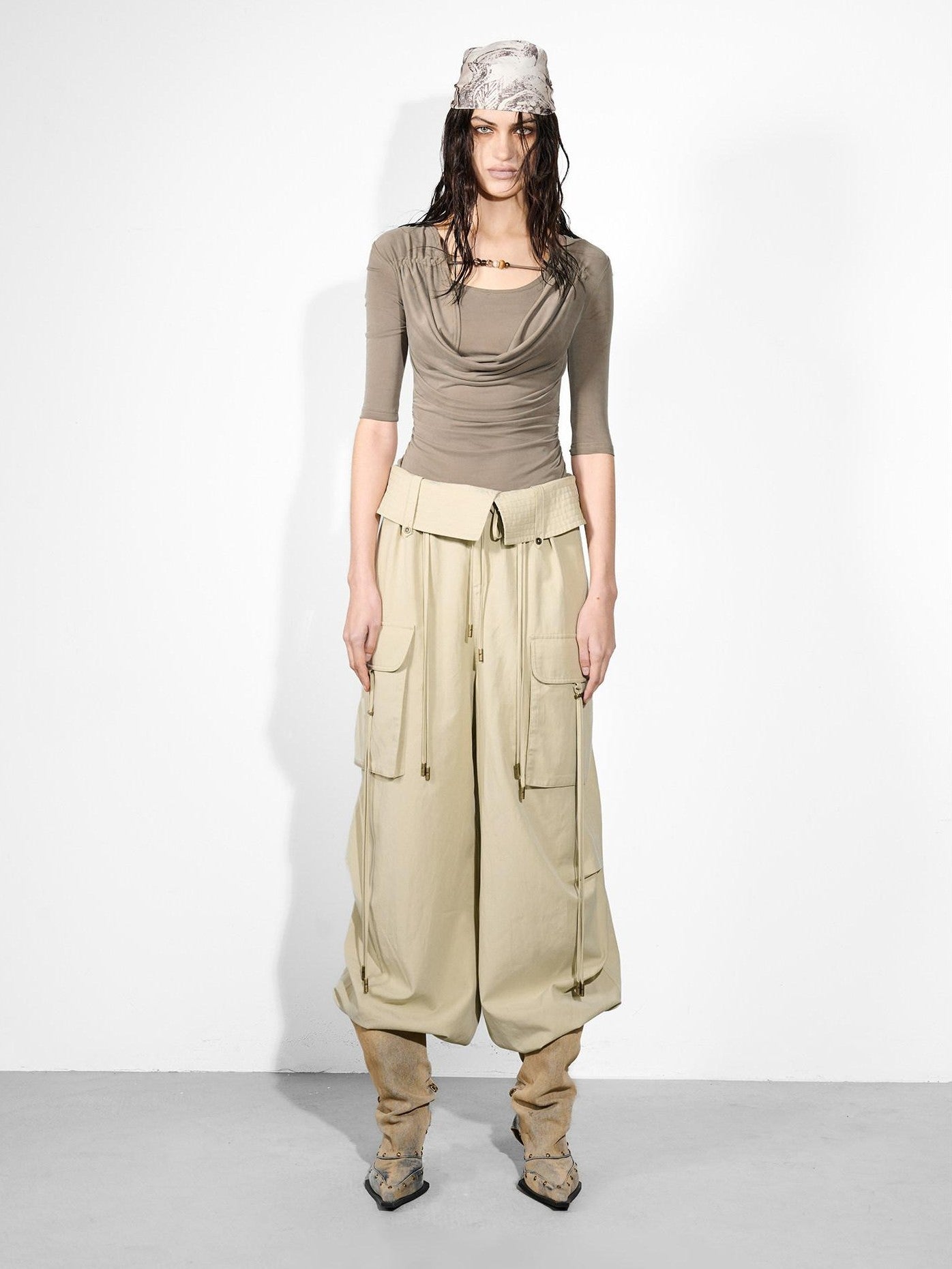 NORTH NODE Ripple Beaded U Neck Pleated Women&