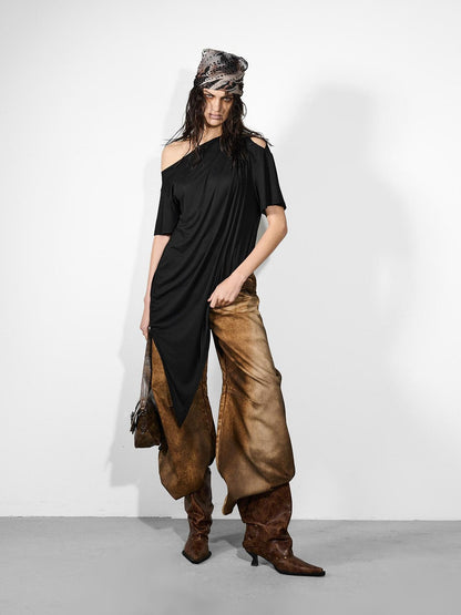 NORTH NODE Ruched Asymmetrical Off Shoulder Short Sleeve Women&