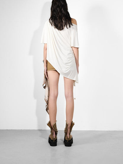 NORTH NODE Ruched Asymmetrical Off Shoulder Short Sleeve Women&