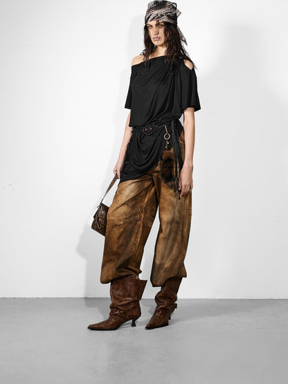 NORTH NODE Ruched Asymmetrical Off Shoulder Short Sleeve Women&