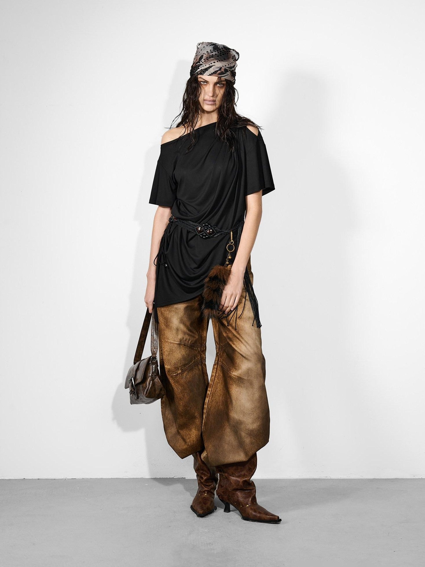 NORTH NODE Ruched Asymmetrical Off Shoulder Short Sleeve Women&