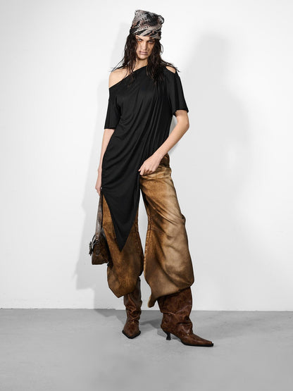 NORTH NODE Ruched Asymmetrical Off Shoulder Short Sleeve Women&