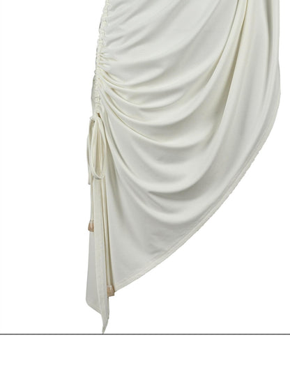 NORTH NODE Ruched Asymmetrical Off Shoulder Short Sleeve Women&