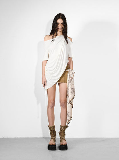 NORTH NODE Ruched Asymmetrical Off Shoulder Short Sleeve Women&