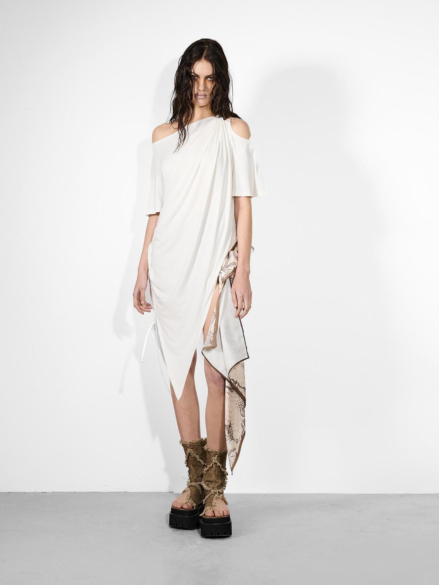 NORTH NODE Ruched Asymmetrical Off Shoulder Short Sleeve Women&