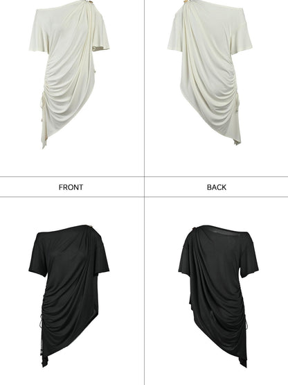 NORTH NODE Ruched Asymmetrical Off Shoulder Short Sleeve Women&