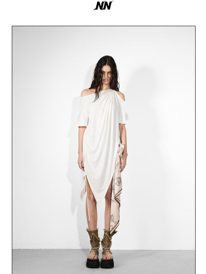 NORTH NODE Ruched Asymmetrical Off Shoulder Short Sleeve Women&