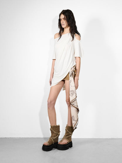 NORTH NODE Ruched Asymmetrical Off Shoulder Short Sleeve Women&