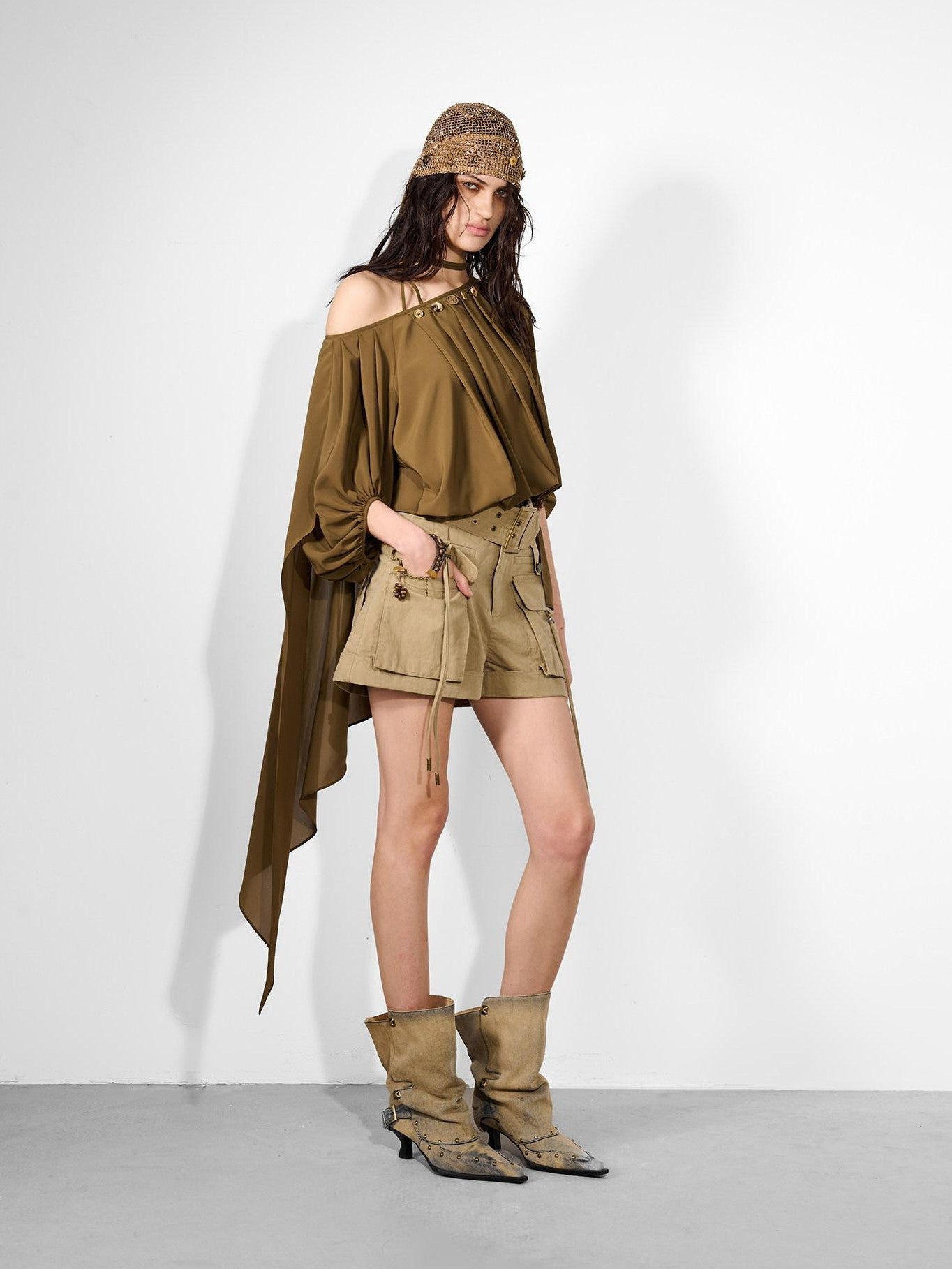 NORTH NODE Ruched Beaded Puff Sleeves Off Shoulder Asymmetrical Women&