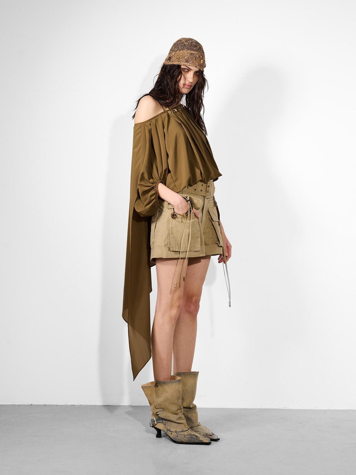 NORTH NODE Ruched Beaded Puff Sleeves Off Shoulder Asymmetrical Women&