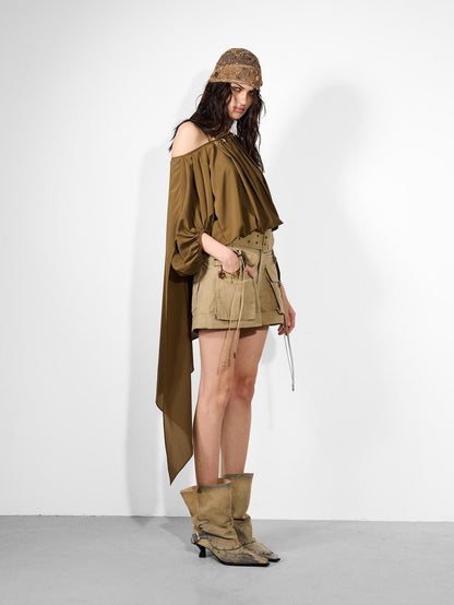 NORTH NODE Ruched Beaded Puff Sleeves Off Shoulder Asymmetrical Women&