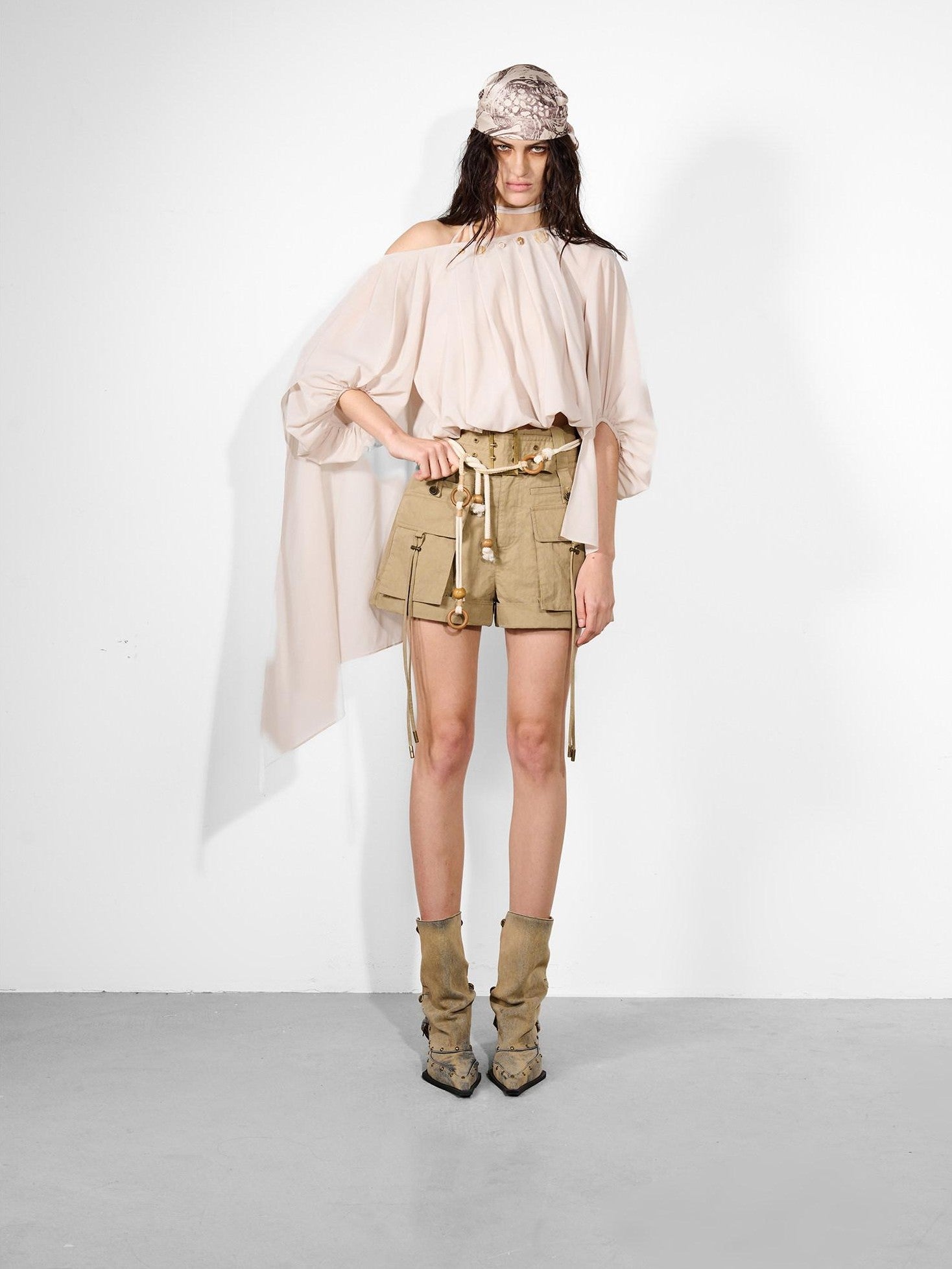 NORTH NODE Ruched Beaded Puff Sleeves Off Shoulder Asymmetrical Women&