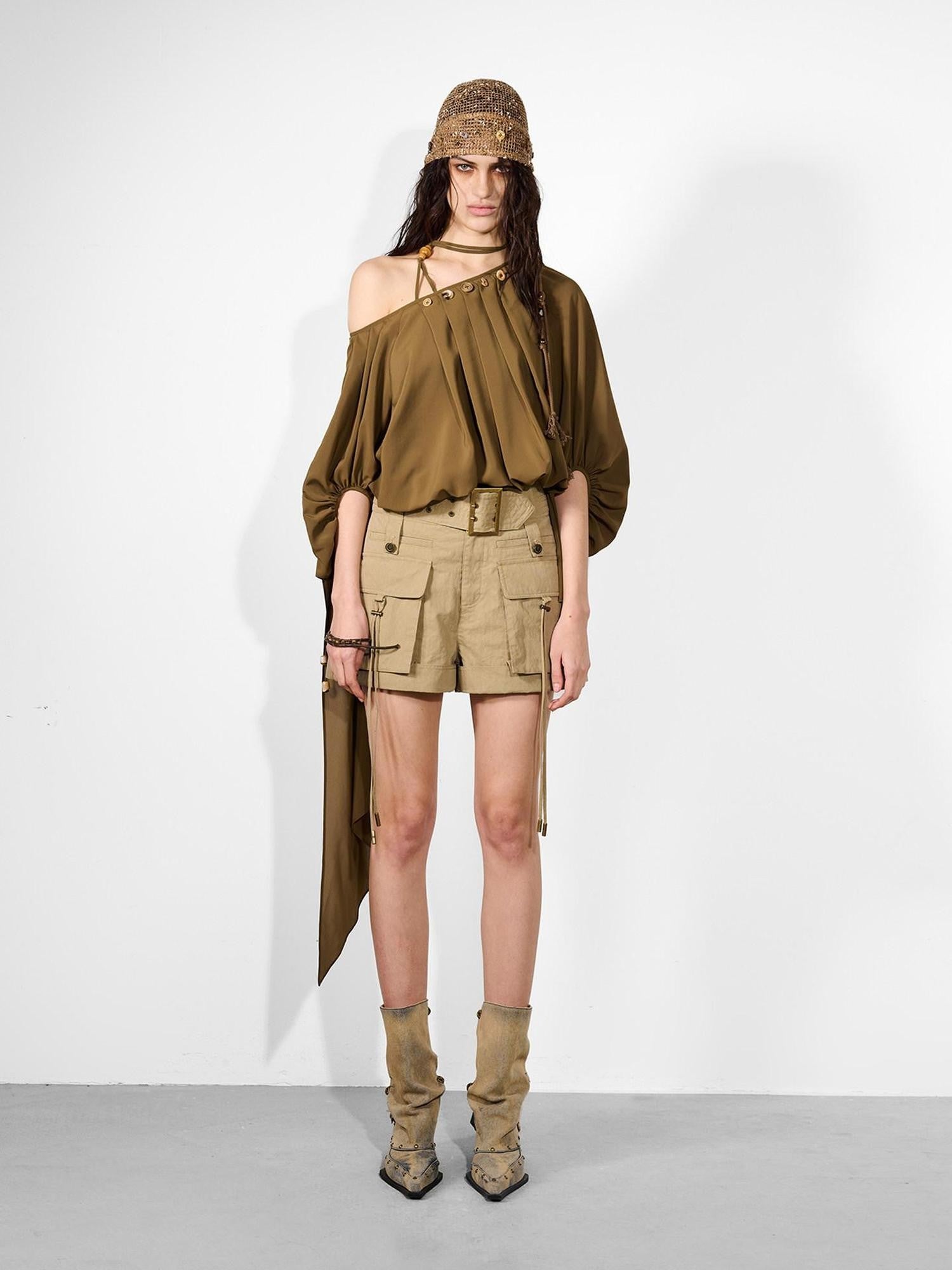 NORTH NODE Ruched Beaded Puff Sleeves Off Shoulder Asymmetrical Women&