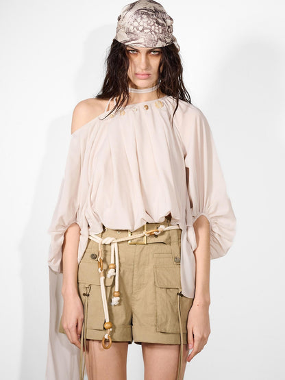 NORTH NODE Ruched Beaded Puff Sleeves Off Shoulder Asymmetrical Women&