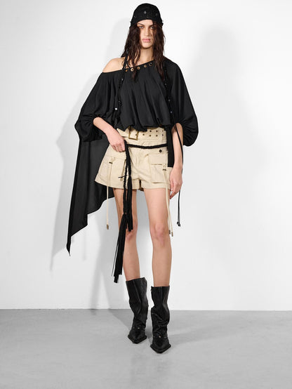NORTH NODE Ruched Beaded Puff Sleeves Off Shoulder Asymmetrical Women&