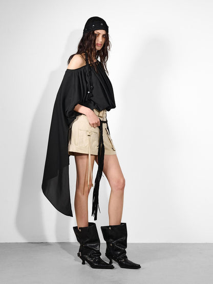 NORTH NODE Ruched Beaded Puff Sleeves Off Shoulder Asymmetrical Women&