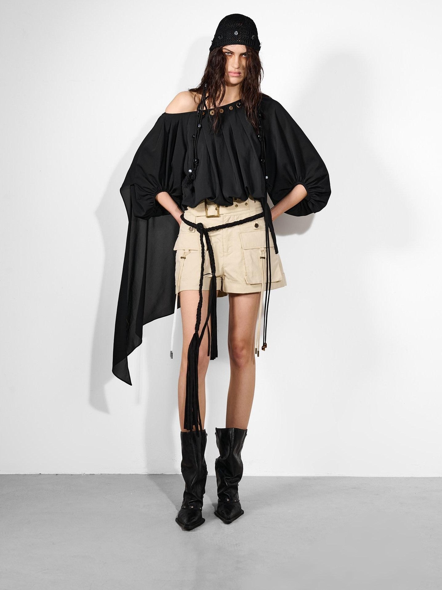 NORTH NODE Ruched Beaded Puff Sleeves Off Shoulder Asymmetrical Women&
