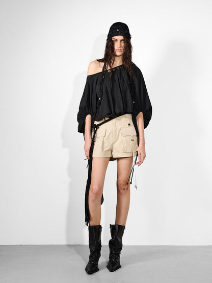 NORTH NODE Ruched Beaded Puff Sleeves Off Shoulder Asymmetrical Women&