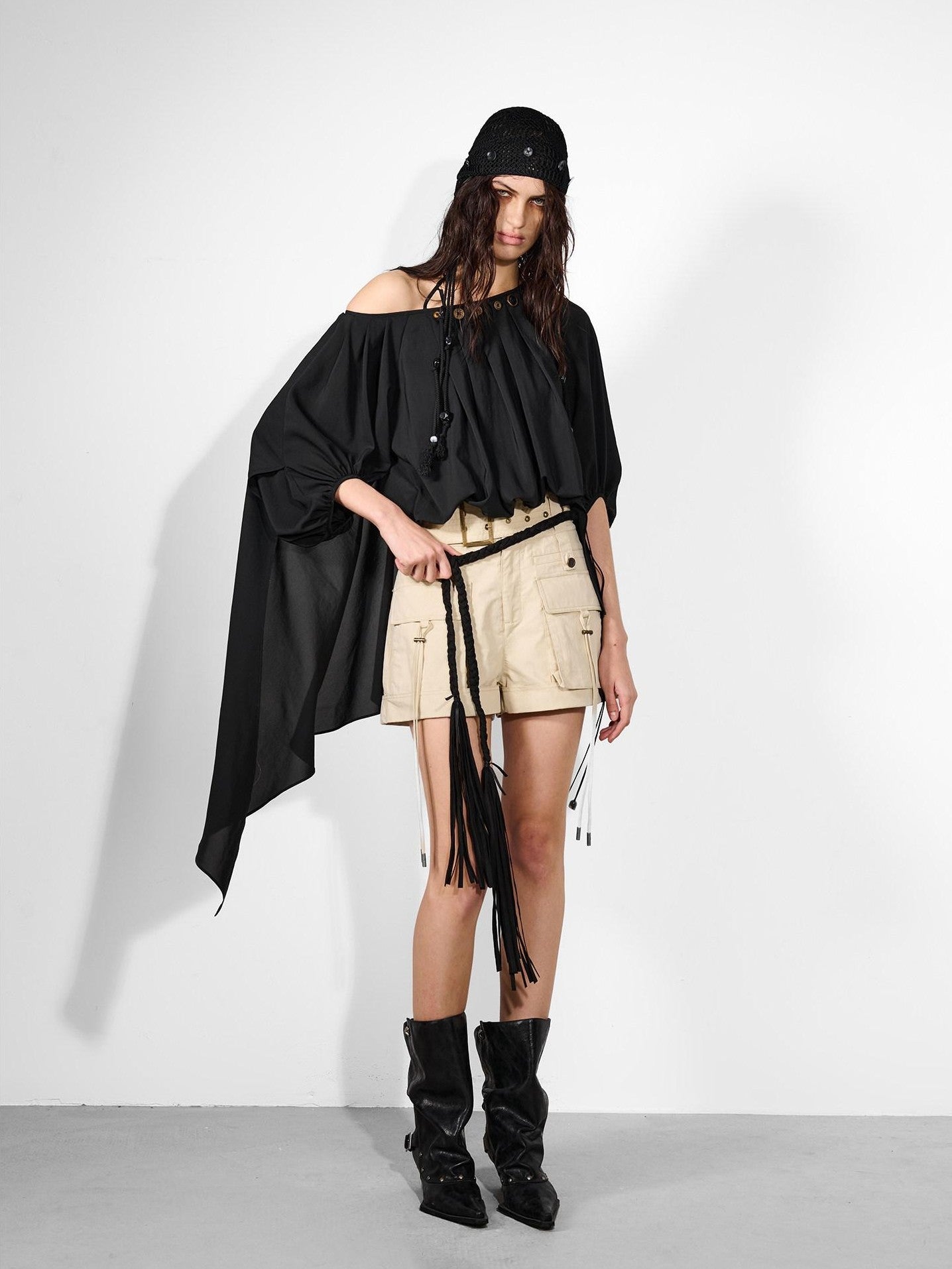 NORTH NODE Ruched Beaded Puff Sleeves Off Shoulder Asymmetrical Women&