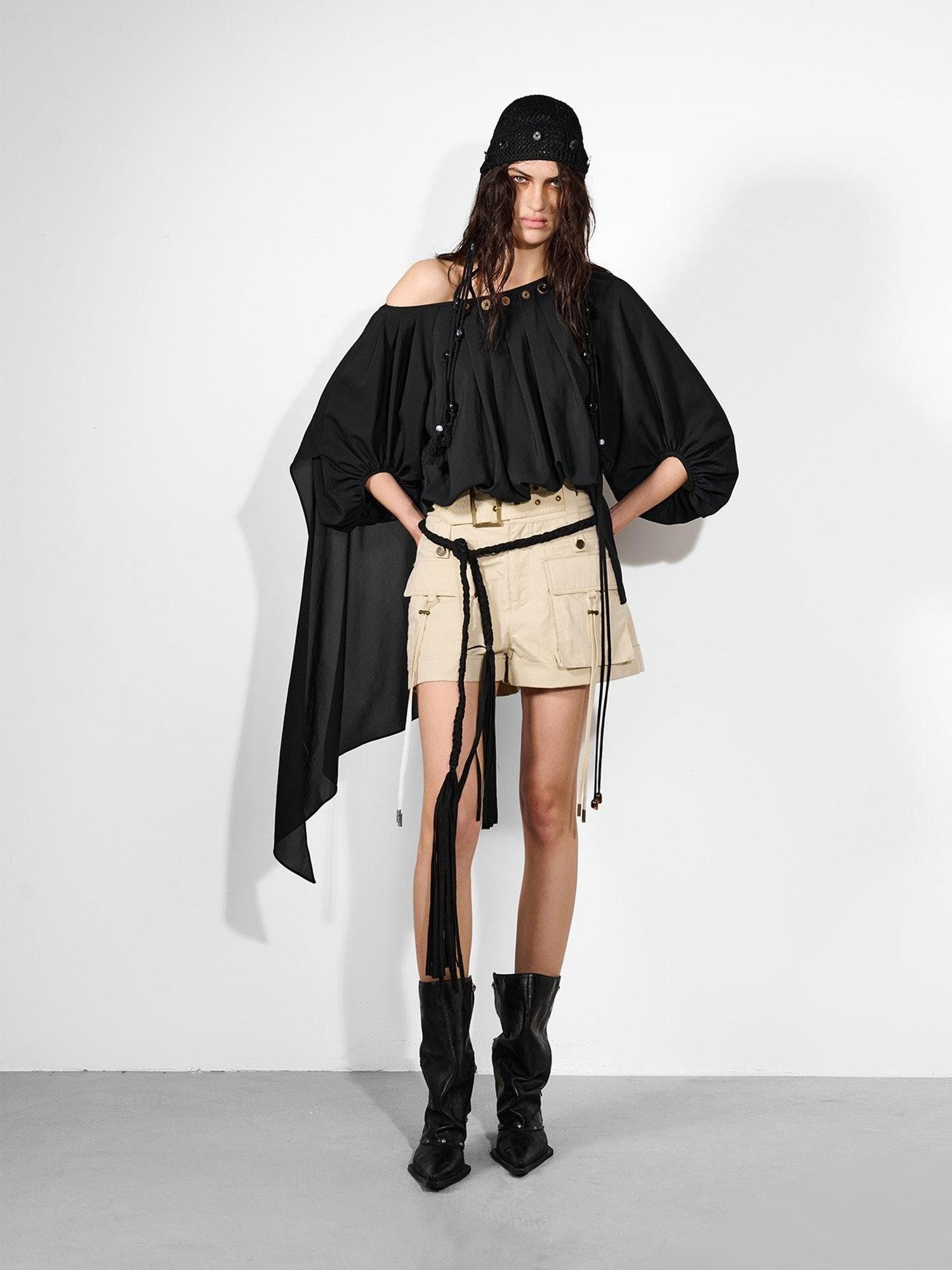 NORTH NODE Ruched Beaded Puff Sleeves Off Shoulder Asymmetrical Women&