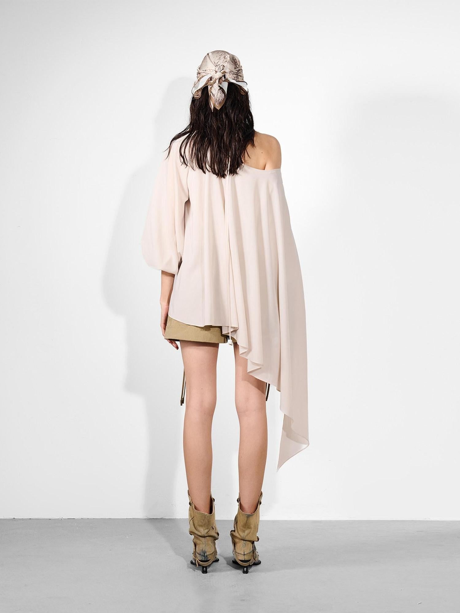 NORTH NODE Ruched Beaded Puff Sleeves Off Shoulder Asymmetrical Women&