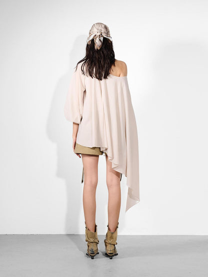 NORTH NODE Ruched Beaded Puff Sleeves Off Shoulder Asymmetrical Women&