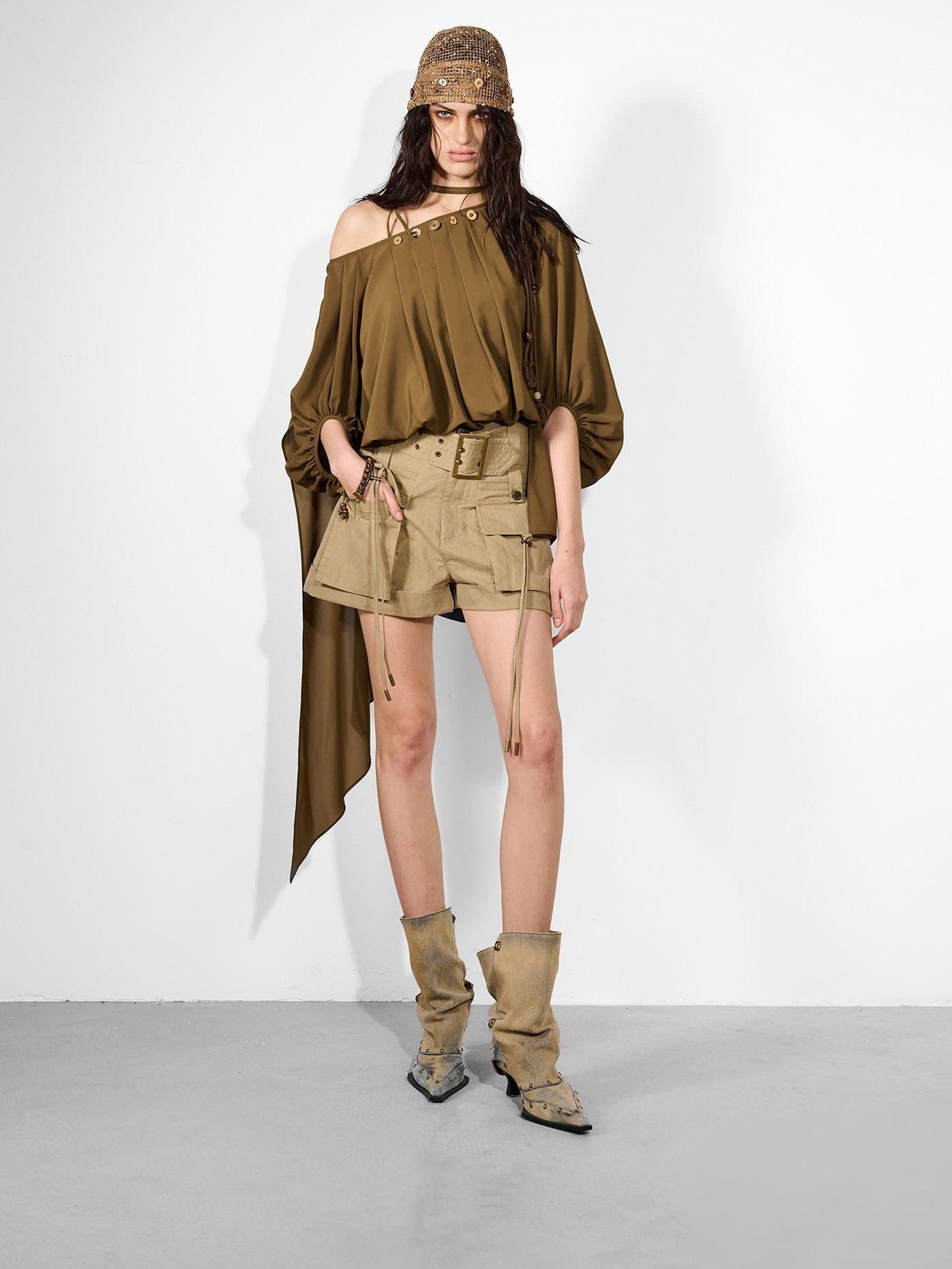 NORTH NODE Ruched Beaded Puff Sleeves Off Shoulder Asymmetrical Women&