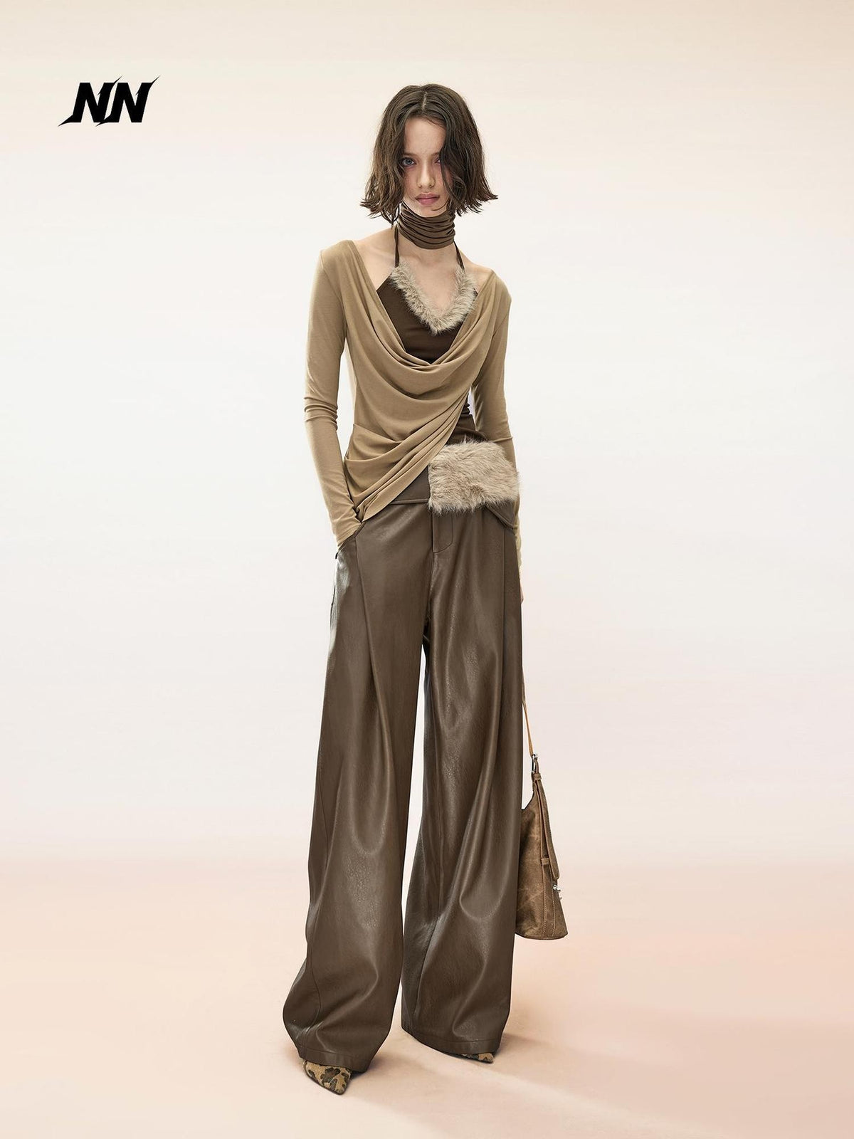 NORTH NODE Ruched Draped Cowl Neck Asymmetric Slim Fit Lyocell Women&