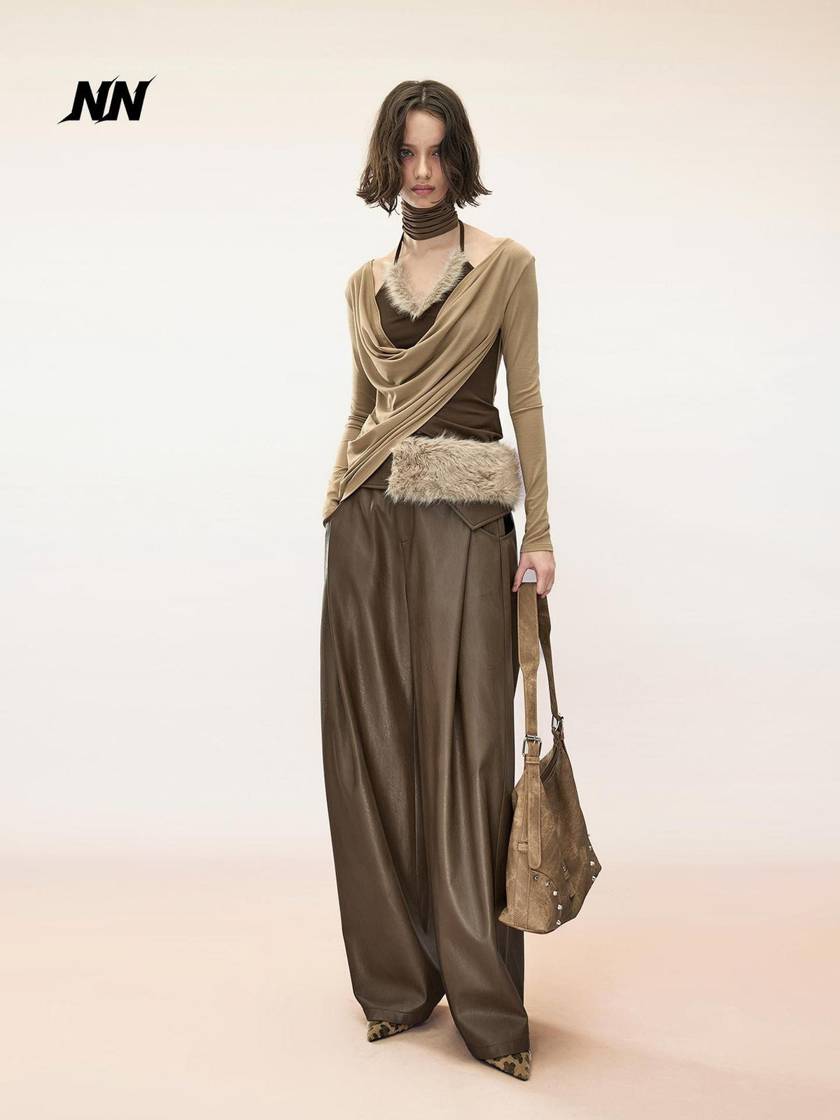 NORTH NODE Ruched Draped Cowl Neck Asymmetric Slim Fit Lyocell Women&