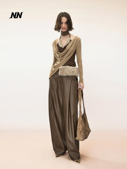 NORTH NODE Ruched Draped Cowl Neck Asymmetric Slim Fit Lyocell Women&