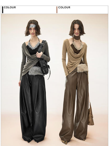 NORTH NODE Ruched Draped Cowl Neck Asymmetric Slim Fit Lyocell Women&