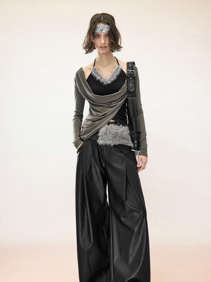 NORTH NODE Ruched Draped Cowl Neck Asymmetric Slim Fit Lyocell Women&