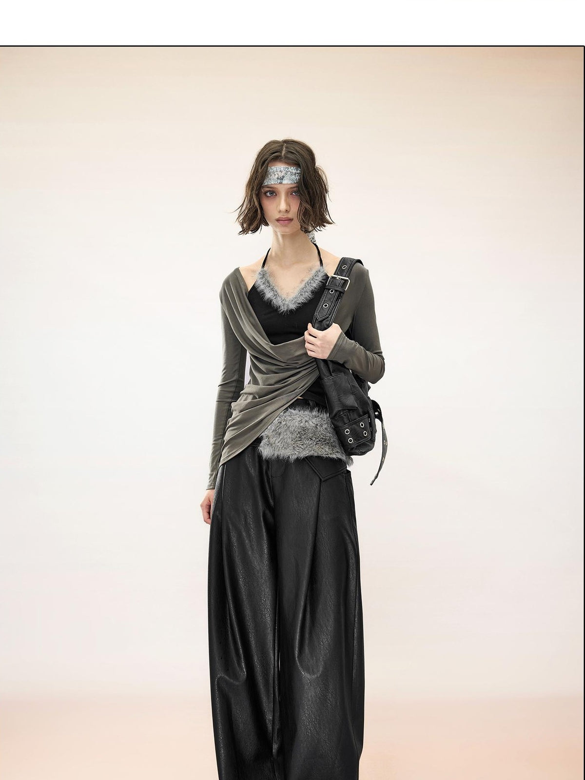 NORTH NODE Ruched Draped Cowl Neck Asymmetric Slim Fit Lyocell Women&