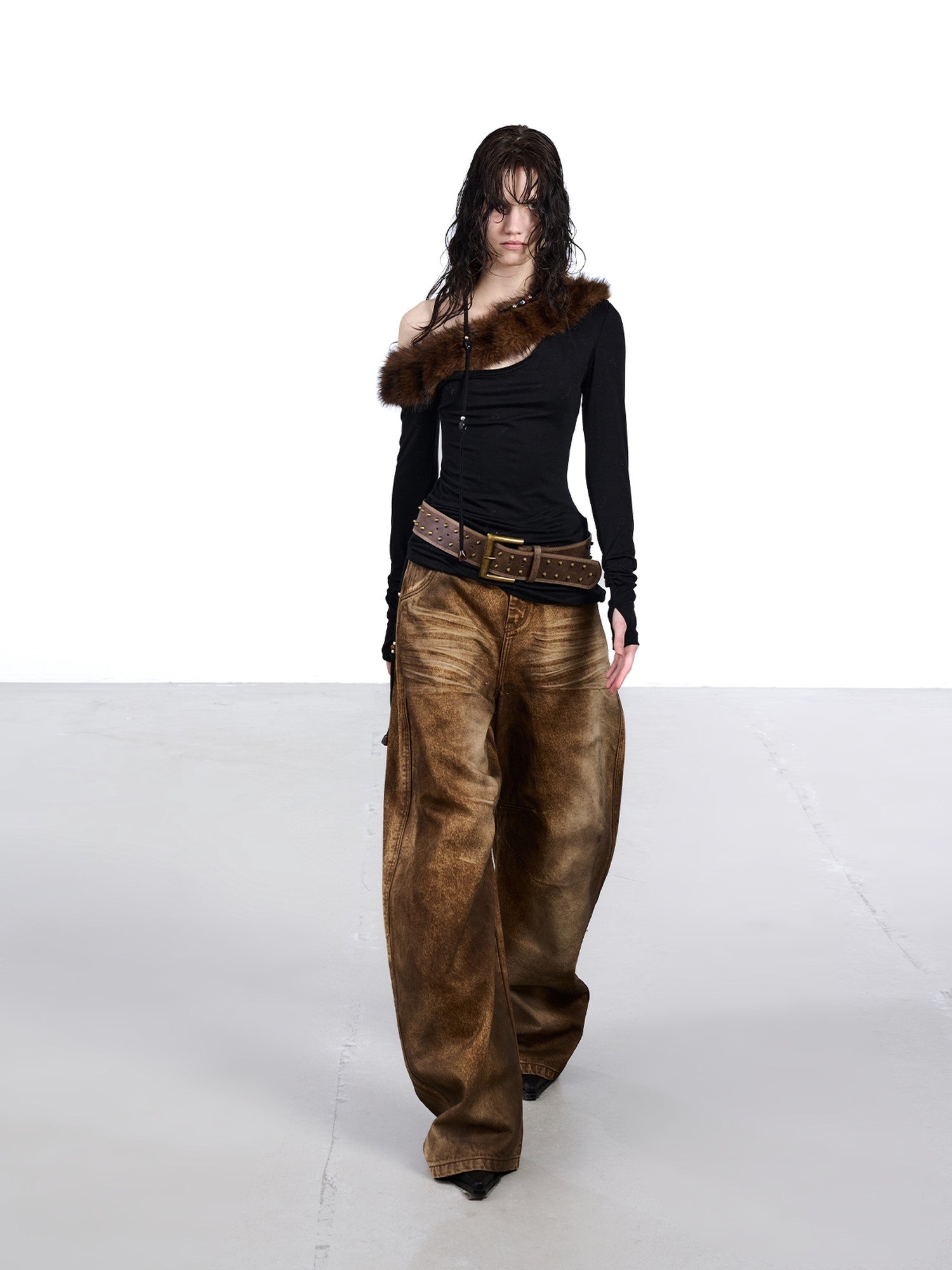 NORTH NODE Ruched Fur Collar Asymmetrical Shoulder Women&