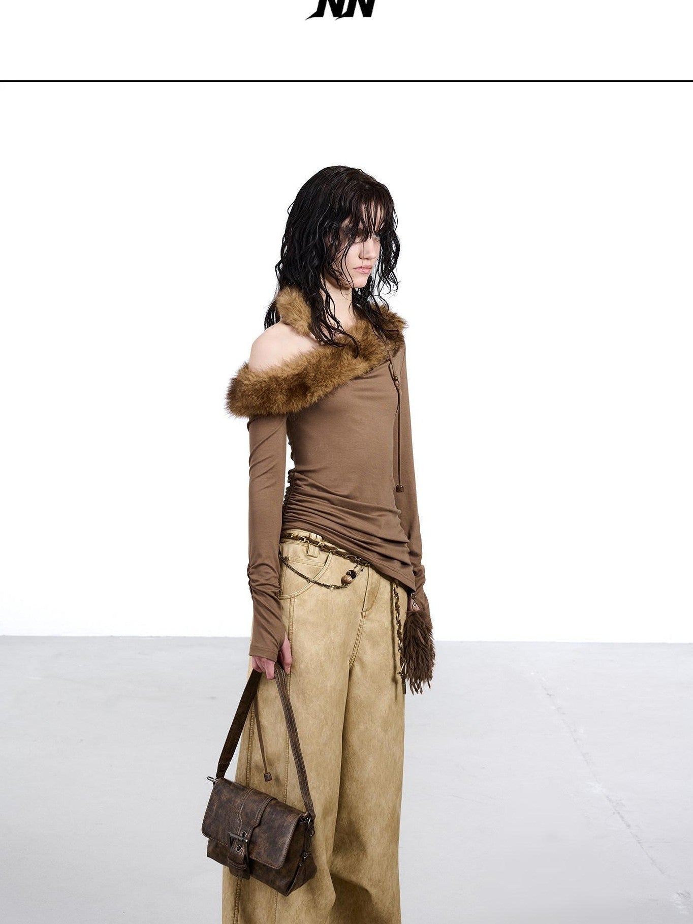 NORTH NODE Ruched Fur Collar Asymmetrical Shoulder Women&