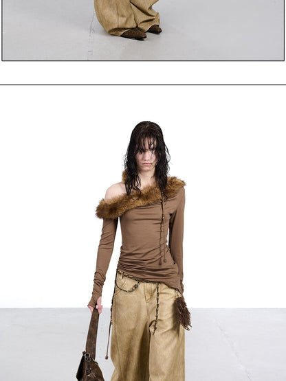 NORTH NODE Ruched Fur Collar Asymmetrical Shoulder Women&