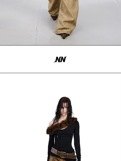 NORTH NODE Ruched Fur Collar Asymmetrical Shoulder Women&
