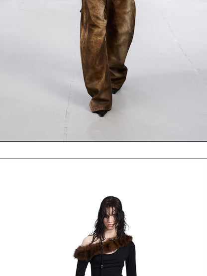 NORTH NODE Ruched Fur Collar Asymmetrical Shoulder Women&