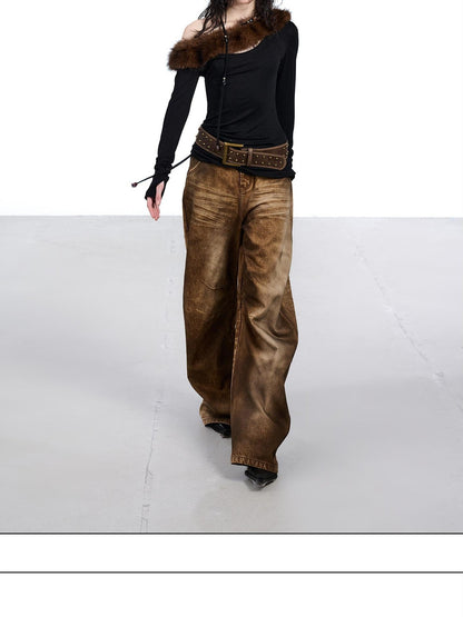 NORTH NODE Ruched Fur Collar Asymmetrical Shoulder Women&