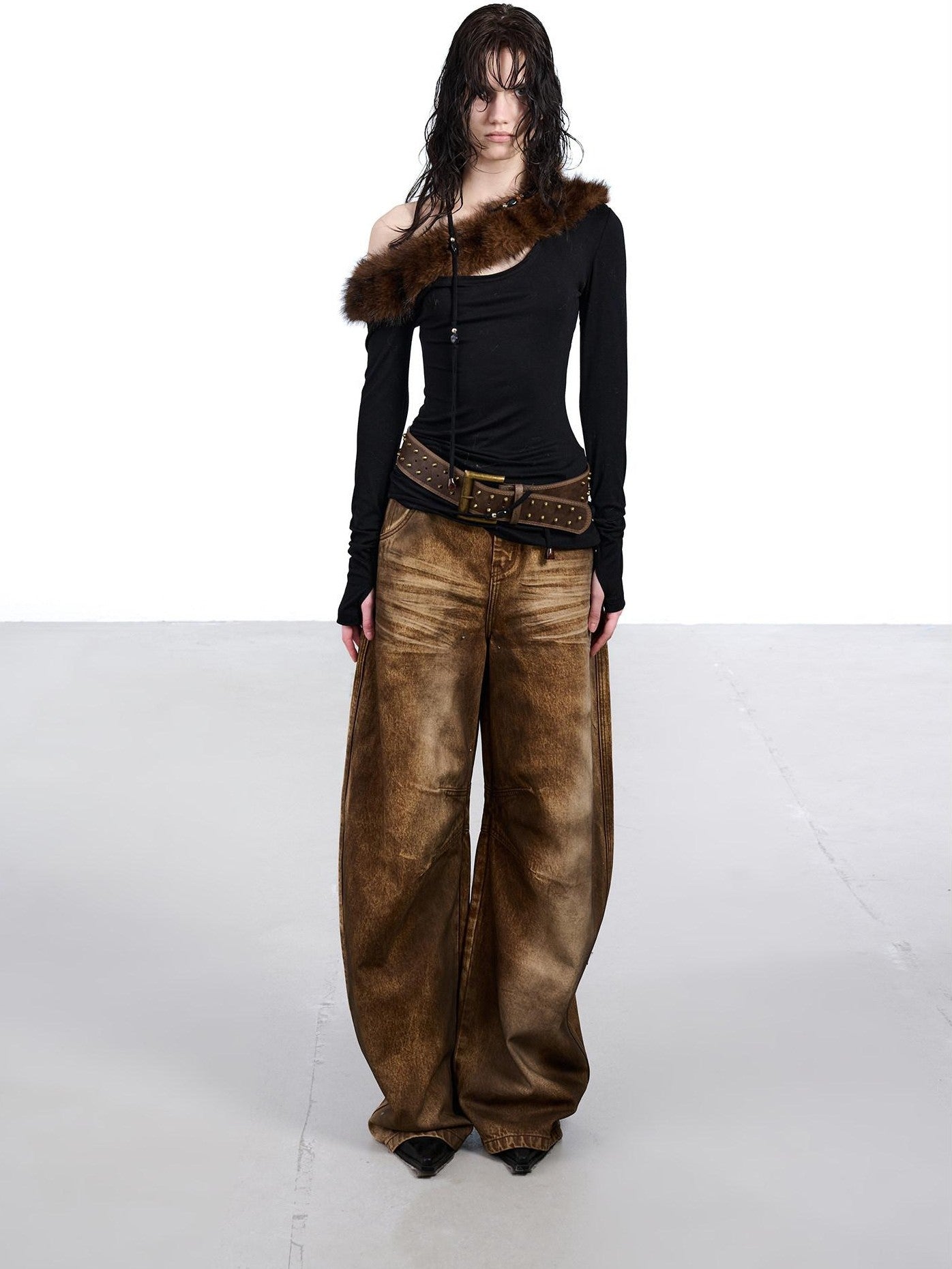 NORTH NODE Ruched Fur Collar Asymmetrical Shoulder Women&