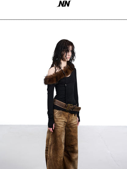 NORTH NODE Ruched Fur Collar Asymmetrical Shoulder Women&