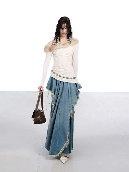 NORTH NODE Ruched Fur Collar Asymmetrical Shoulder Women&
