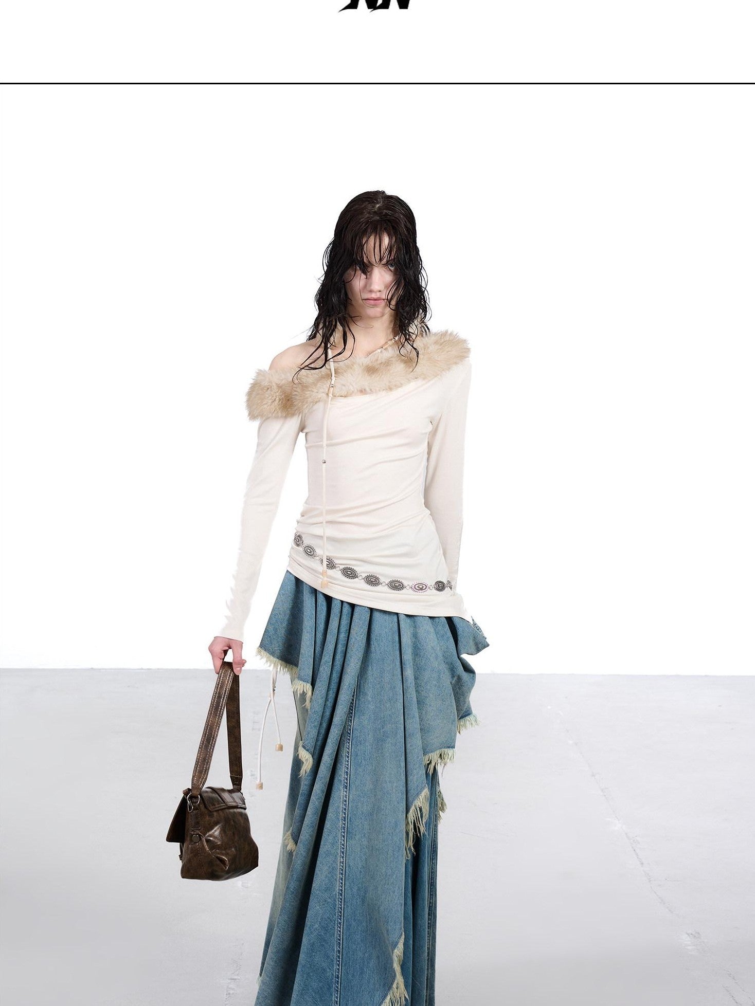 NORTH NODE Ruched Fur Collar Asymmetrical Shoulder Women&