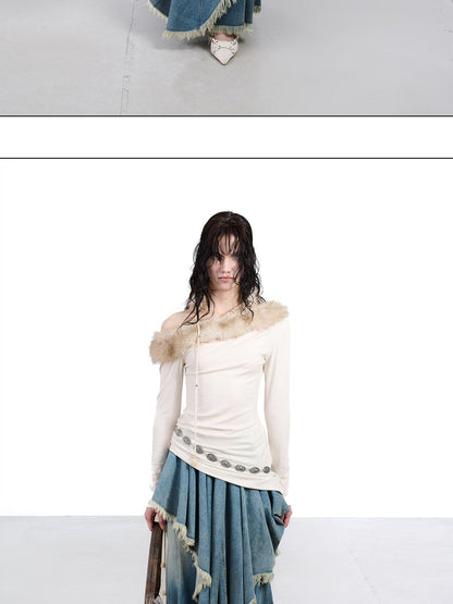 NORTH NODE Ruched Fur Collar Asymmetrical Shoulder Women&