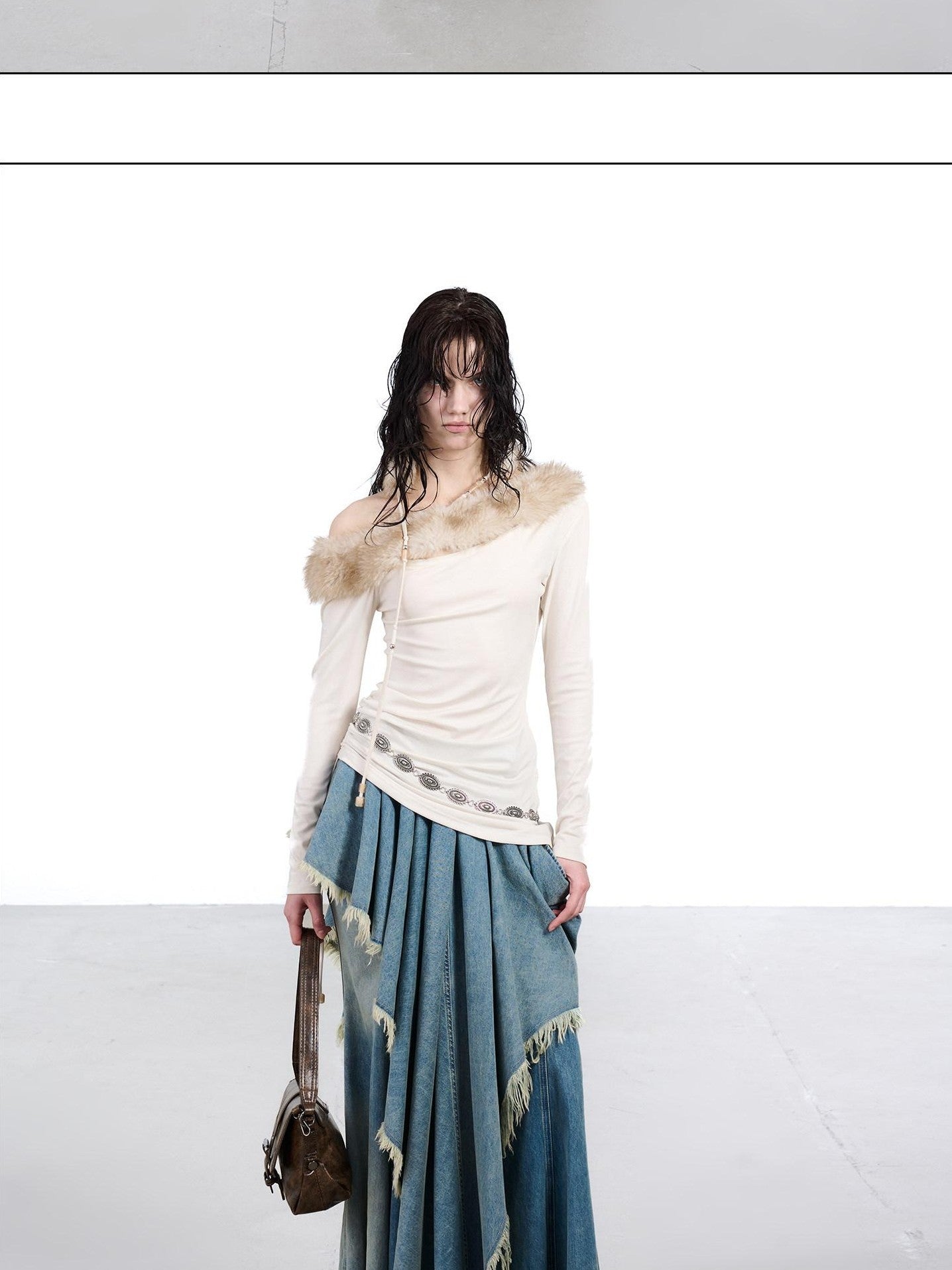 NORTH NODE Ruched Fur Collar Asymmetrical Shoulder Women&