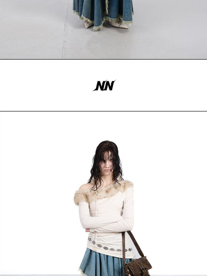 NORTH NODE Ruched Fur Collar Asymmetrical Shoulder Women&